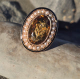 14k gold Victorian citrine, pearl, enamel and diamond floral halo antique ring