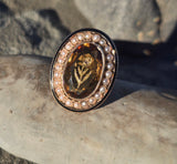 14k gold Victorian citrine, pearl, enamel and diamond floral halo antique ring