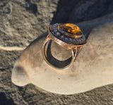 14k gold Victorian citrine, pearl, enamel and diamond floral halo antique ring