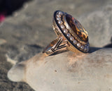 14k gold Victorian citrine, pearl, enamel and diamond floral halo antique ring