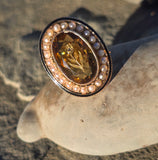 14k gold Victorian citrine, pearl, enamel and diamond floral halo antique ring