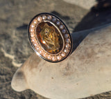 14k gold Victorian citrine, pearl, enamel and diamond floral halo antique ring