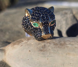 14k gold Effy panther emerald and black diamond estate king