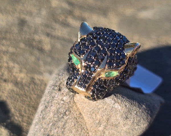 14k gold Effy panther emerald and black diamond estate king