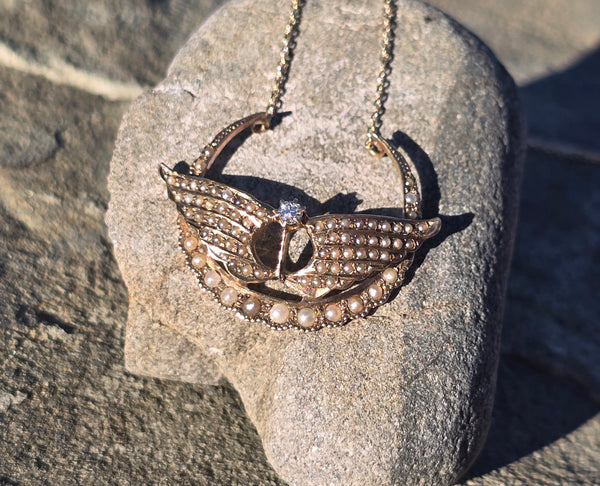 10ct gold Victorian crescent wings diamond and seed pearl necklace pendant