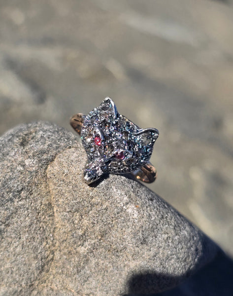 silver + 14k gold WOLF FOX diamond and ruby ring