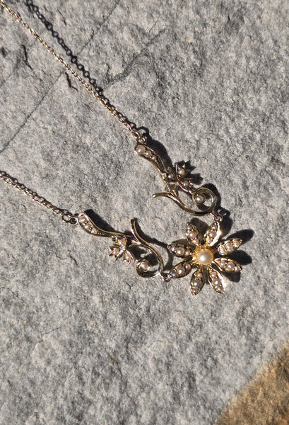 14k gold pearl antique seed pearl flower necklace pendant