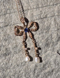 14k gold Victorian pearl and sapphire Bow necklace pendant lavaliere
