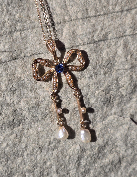 14k gold Victorian pearl and sapphire Bow necklace pendant lavaliere