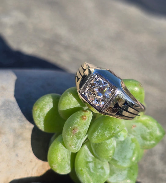 14k gold European cut diamond and enamel antique estate art Deco ring