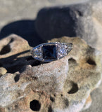 18k white gold filigree Art Deco blue sapphire and diamond estate ring