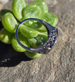 18k white gold filigree Art Deco blue sapphire and diamond estate ring