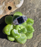18k white gold filigree Art Deco blue sapphire and diamond estate ring