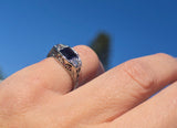 18k white gold filigree Art Deco blue sapphire and diamond estate ring
