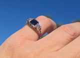 18k white gold filigree Art Deco blue sapphire and diamond estate ring