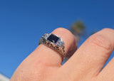 18k white gold filigree Art Deco blue sapphire and diamond estate ring