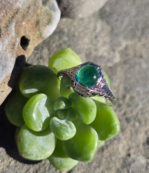 18k white gold emerald filigree BELAIS c.1920's ring