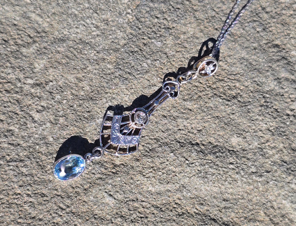 platinum & 14k gold two-tone aquamarine and diamond filigree c.1920's pendant necklace