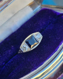 18k white gold filigree Art Deco blue sapphire and diamond estate ring