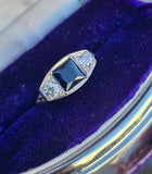 18k white gold filigree Art Deco blue sapphire and diamond estate ring