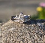 14k white gold vintage marquise & baguette diamond engagement ring bridal set