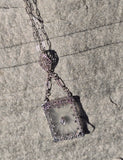 14k white gold Deco c.1920's etched crystal & diamond pendant necklace