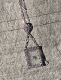 14k white gold Deco c.1920's etched crystal & diamond pendant necklace