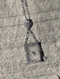 14k white gold Deco c.1920's etched crystal & diamond pendant necklace