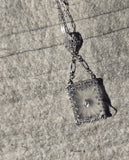 14k white gold Deco c.1920's etched crystal & diamond pendant necklace