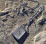 14k white gold Deco c.1920's etched crystal & diamond pendant necklace