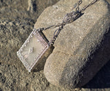 14k white gold Deco c.1920's etched crystal & diamond pendant necklace