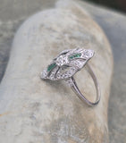 platinum Art Deco c.1920's emerald & diamond estate filigree glove shield ring
