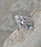 platinum Art Deco c.1920's emerald & diamond estate filigree glove shield ring