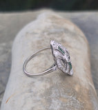 platinum Art Deco c.1920's emerald & diamond estate filigree glove shield ring