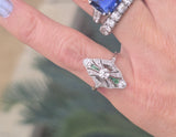 platinum Art Deco c.1920's emerald & diamond estate filigree glove shield ring