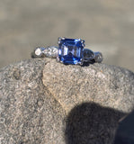 18k white gold asscher cut blue sapphire & diamond estate ring HOLD