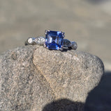 18k white gold asscher cut blue sapphire & diamond estate ring HOLD
