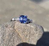 18k white gold asscher cut blue sapphire & diamond estate ring HOLD