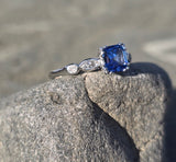 18k white gold asscher cut blue sapphire & diamond estate ring HOLD