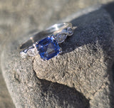 18k white gold asscher cut blue sapphire & diamond estate ring HOLD