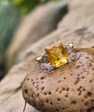 10k gold two tone Deco emerald cut Citrine and diamond estate ring
