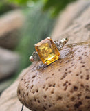 10k gold two tone Deco emerald cut Citrine and diamond estate ring