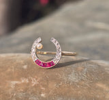 18ct -14ct gold two tone Edwardian ruby, pearl & diamond antique cresent moon ring