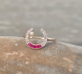 18ct -14ct gold two tone Edwardian ruby, pearl & diamond antique cresent moon ring