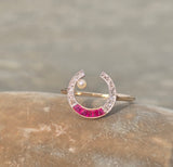 18ct -14ct gold two tone Edwardian ruby, pearl & diamond antique cresent moon ring