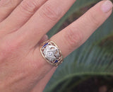 10k gold two tone vintage diamond & enamel Masonic Freemason ring