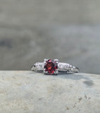 14k -18k white gold Deco garnet and diamond estate ring