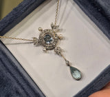 platinum & 14k gold two-tone aquamarine, pearl and diamond Edwardian pendant necklace