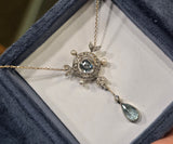 platinum & 14k gold two-tone aquamarine, pearl and diamond Edwardian pendant necklace