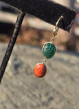14k gold estate carved carnelian & green onyx scarab estate earrings